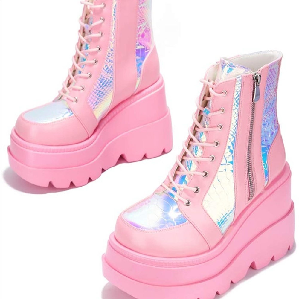 🥾 Holographic Platform Ankle Boots with Chunky Block Heels🥾